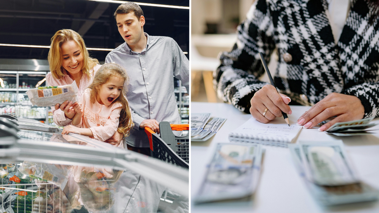 woman and man shopping with their daughter and a person writing on a notepad with money placed on the table