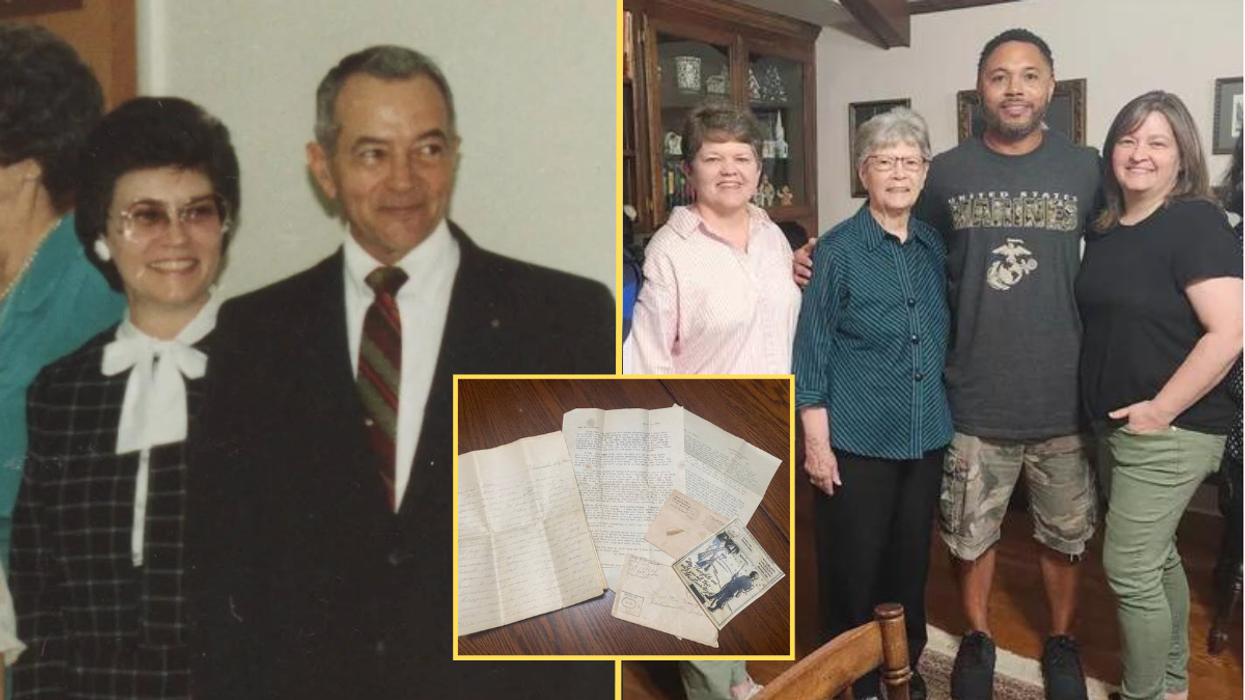 Woman and man wearing formal clothes, man standing with three women and pile of letters (inset)