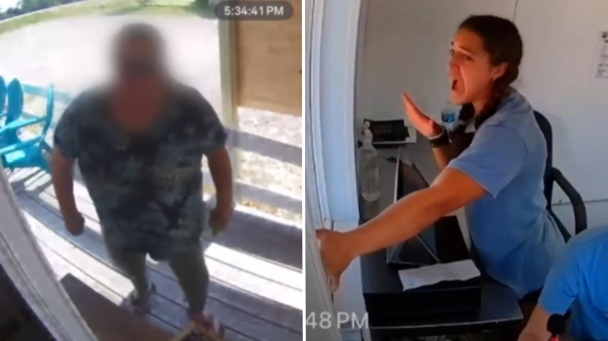Woman at a restaurant's window and two teen employees.