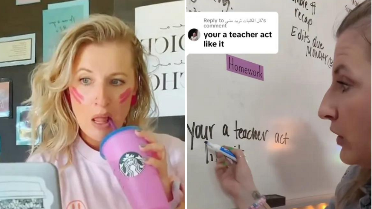 Woman drinking from a pink cup and a teacher writing on a whiteboard