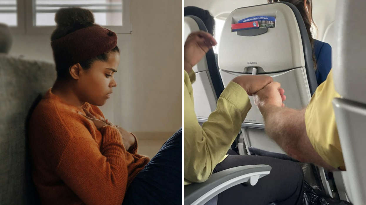 Woman having a panic attack and two strangers holding hands on a flight.