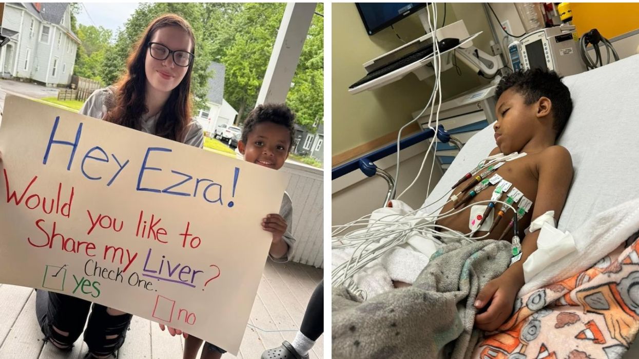 Woman holding a sign next to a little boy and a little boy in a hospital.