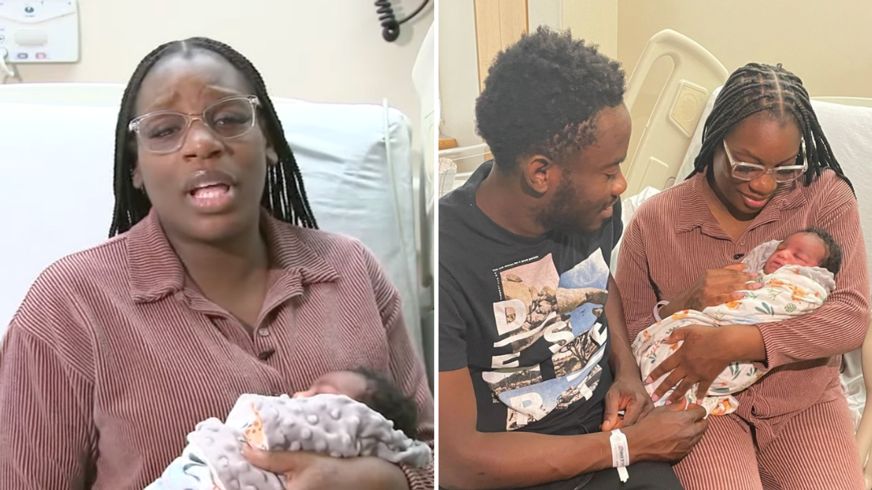 Woman holding her newborn baby and a couple looking at their baby.