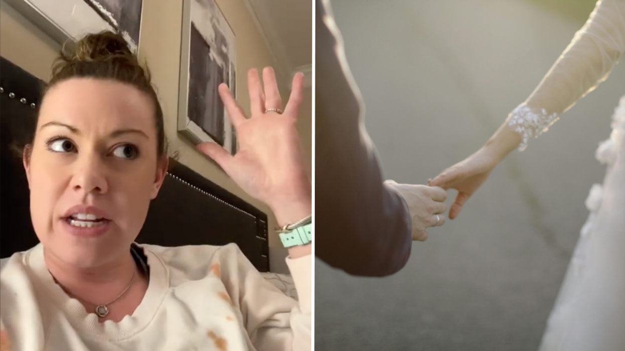 Woman making a TikTok video and a bride and groom holding hands.