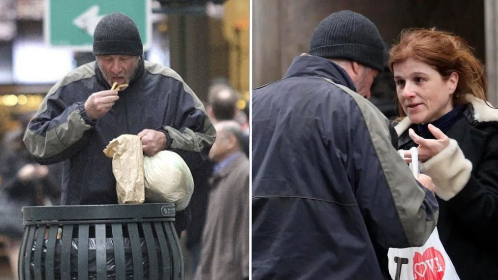 Woman Feels Bad for Homeless Man Eating From the Trash and Stops to Give Him a Pizza - Doesnt Realize He Is a Celebrity