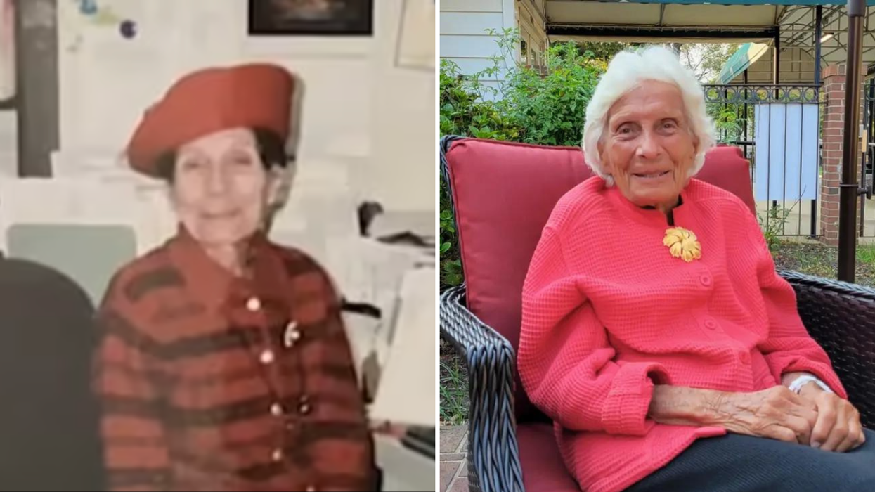 Woman wearing a red outfit and an elderly woman wearing a pink sweater.