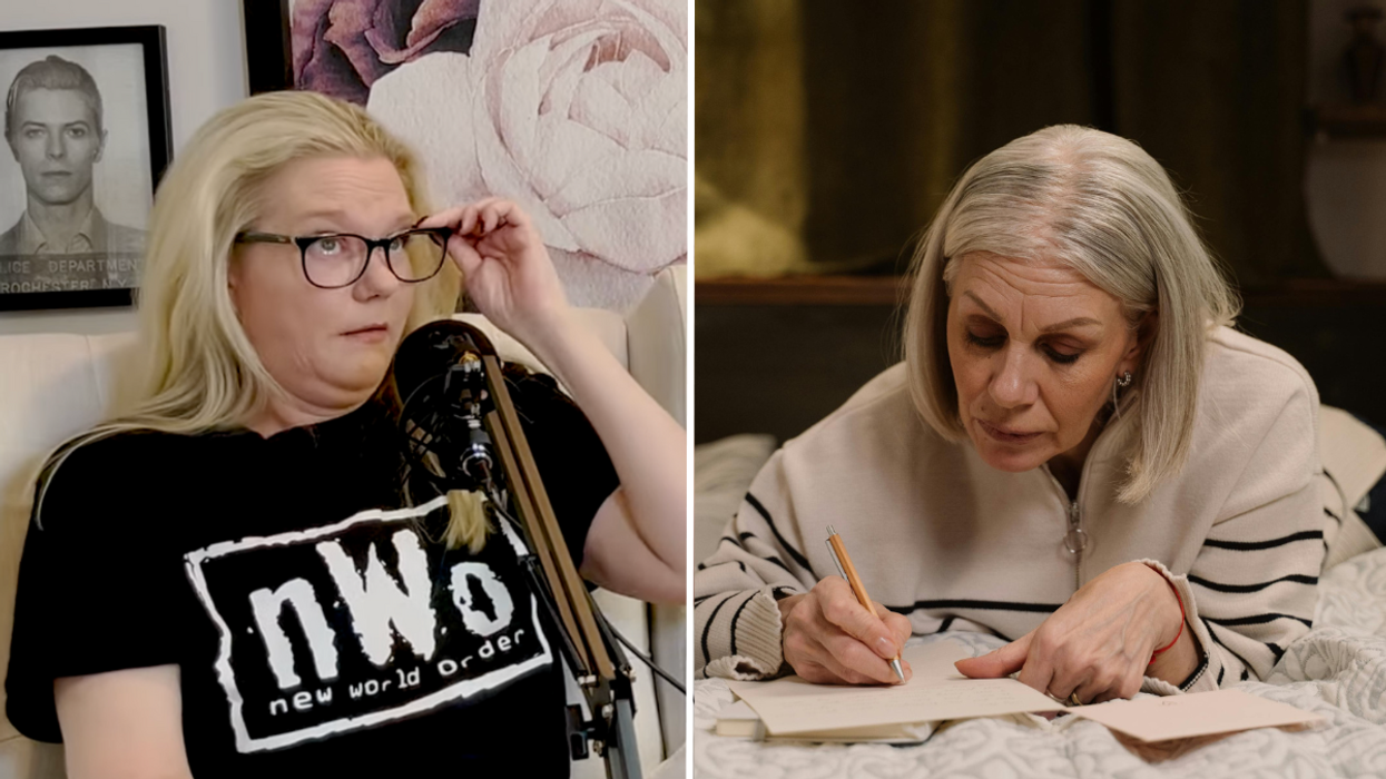 Woman wearing glasses speaking into a mic and an older woman writing a letter.