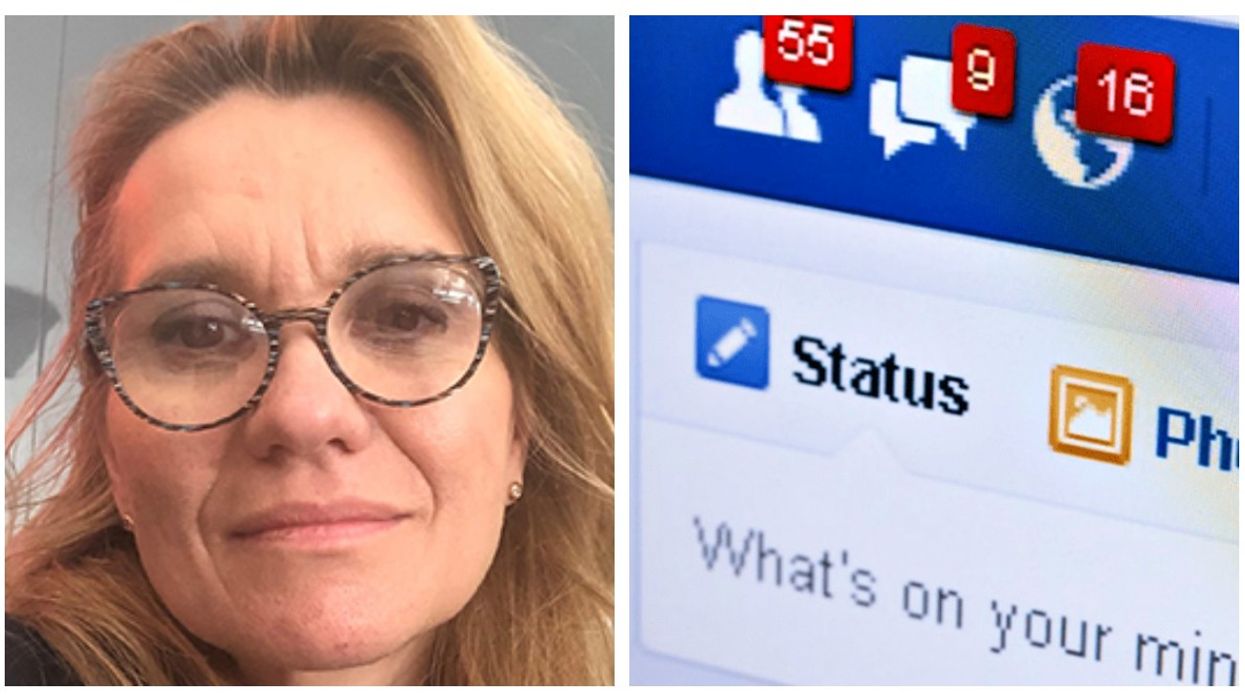 woman with blond hair and glasses and a Facebook page with close-ups on notification icons