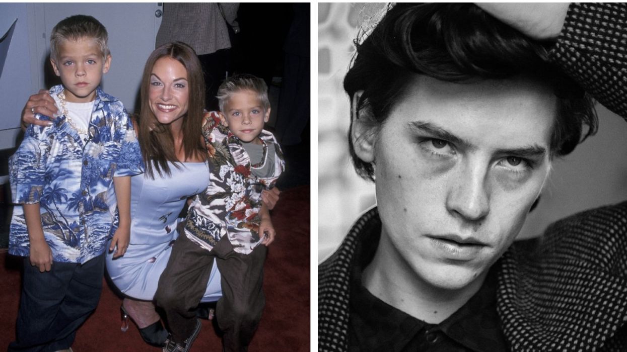 Woman with twin boys and a black and white picture of actor Cole Sprouse.
