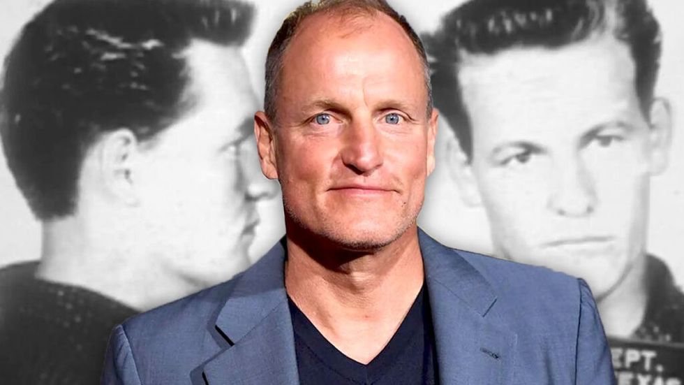 Woody Harrelson smiling before his hitman father's mugshot