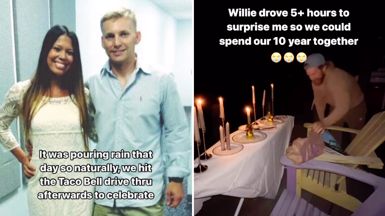 Young couple posing together and a candlelight dinner on a pier.