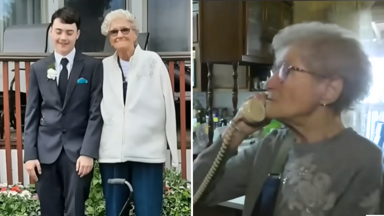 Young man in a tux standing next to an elderly woman and an elderly woman talking on the phone.