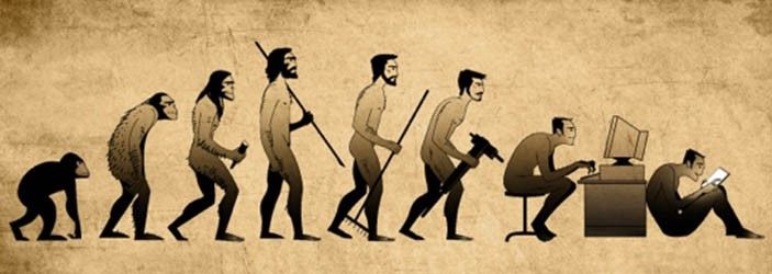 Image shwoing the evolution of man to the computer digital age with posture