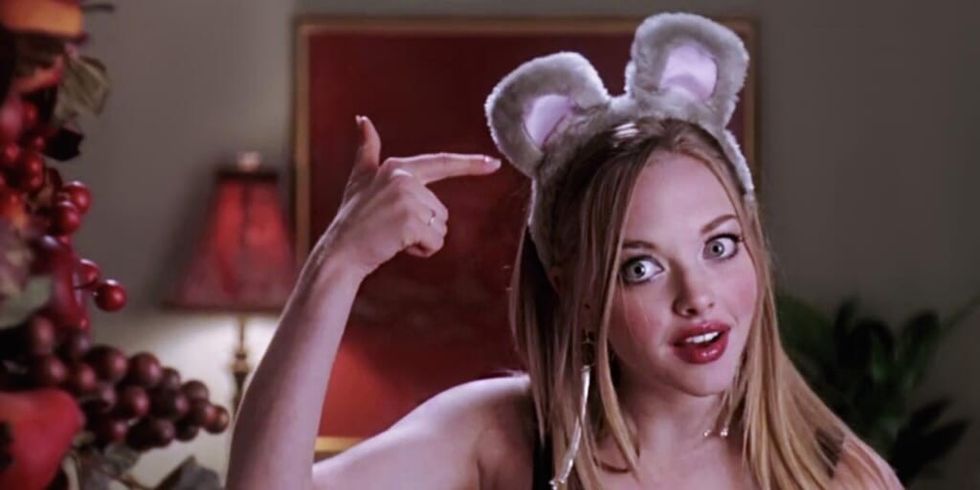 Karen Smith from Mean Girls pointing at her Halloween costume mouse ears