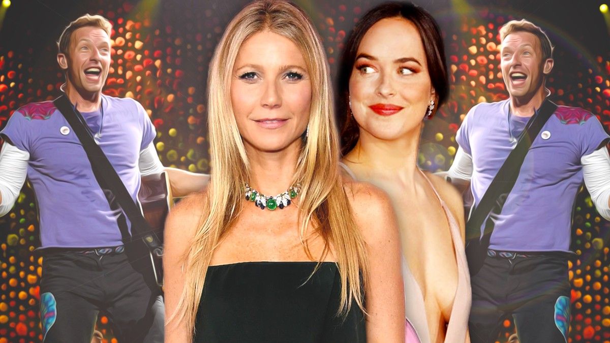 Gwyneth Paltrow and Dakota Johnson smiling in front of Chris Martin in concert