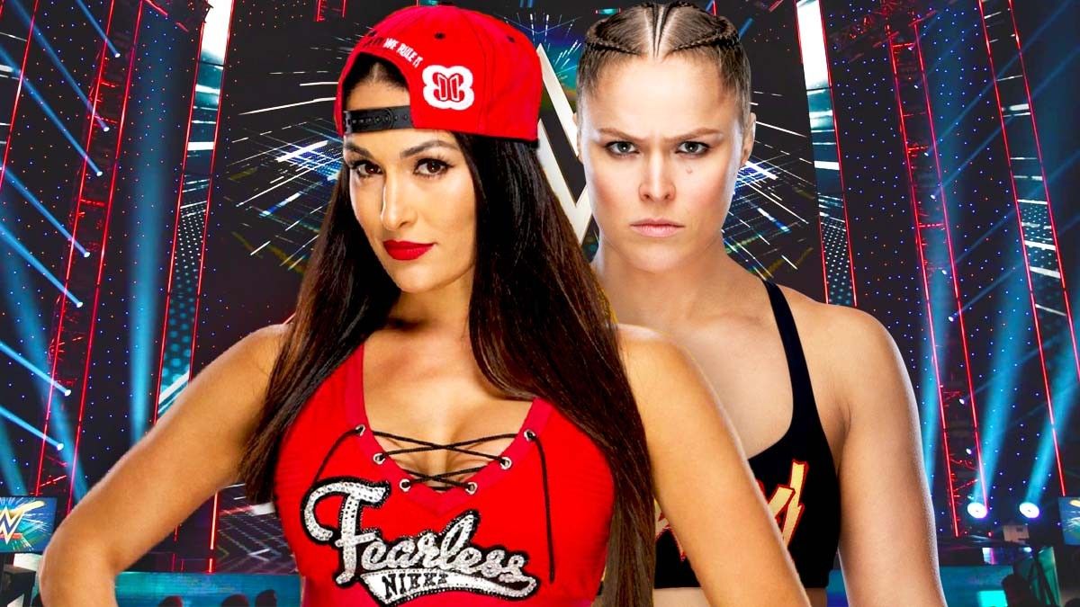 Nikki Bella and Ronda Rousey against a WWE event backdrop
