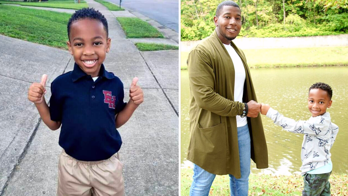 the image contains 2 pictures separated by a white line - the image on the left is of a boy wearing a black shirt and cream shorts holding thumbs up signs and the one on the right is of the same boy holding hands with his father who is wearing an olive green jacket