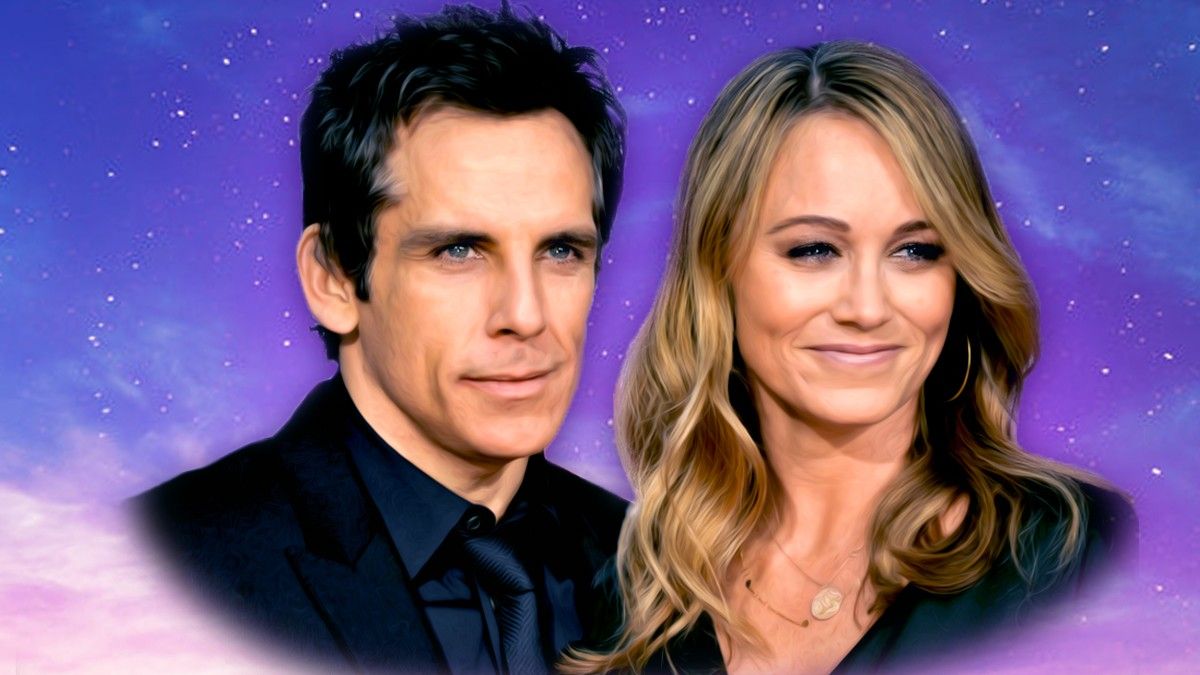 Ben Stiller and Wife Christine Taylor smiling in front of a starry sky