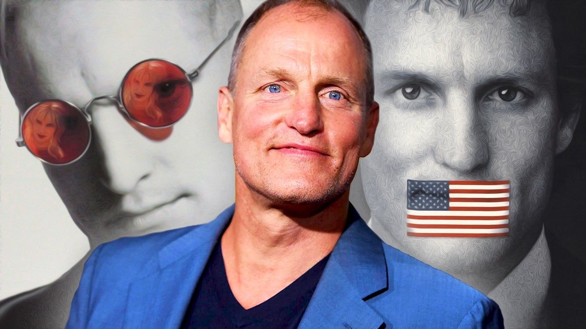 Woody harrelson in front of Natural Born Killers and People Vs. Larry Flynt Posters