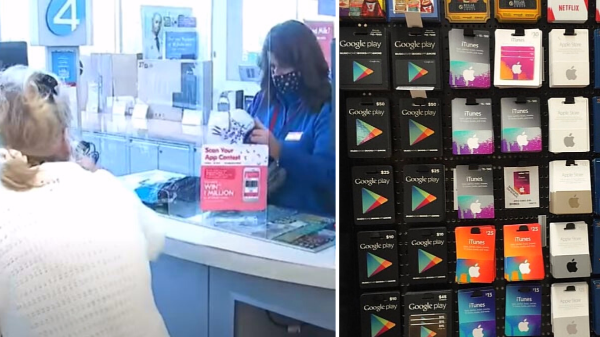 the image has 2 pictures separated by a white line; the Image on the left is of a cashier wearing a blue shirt and a customer and the image on the right is a display of gift cards