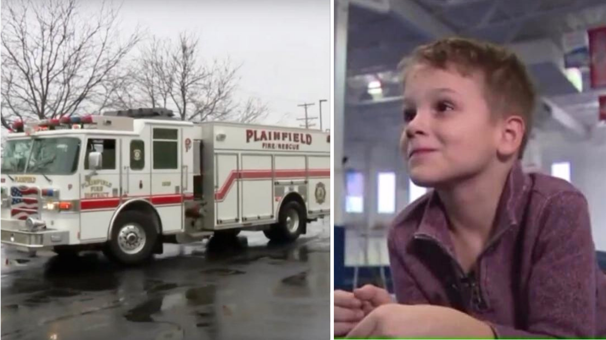 the picture contains 2 images, separated by a white line; the picture on the left is of a fire truck and on the right is a little boy