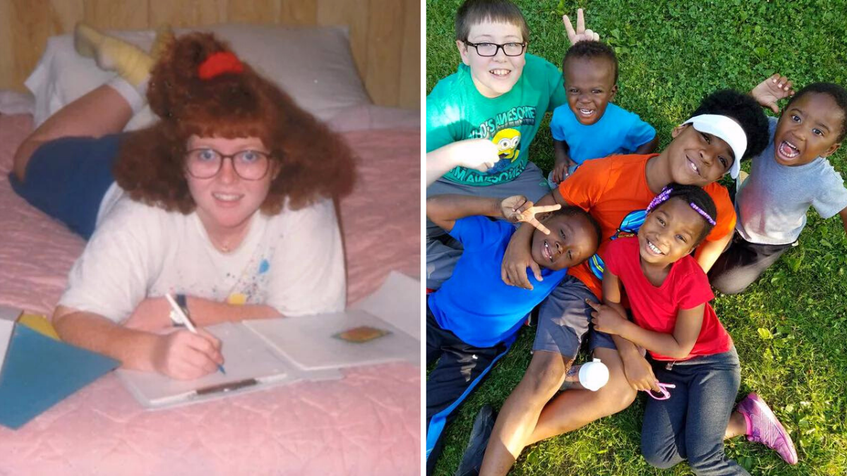 the image contains 2 pictures separated with a white line; the picture on the left is of a woman with glasses on a bed reading books and the image on the right is of 6 children laying on grass