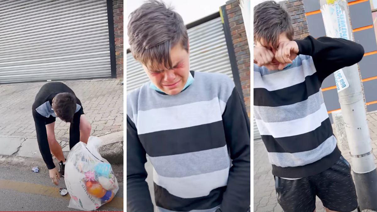 In a three part image, image on the left shows boy kneeling over plastic bag filled with cans, second and third image show the same boy in striped shirt crying