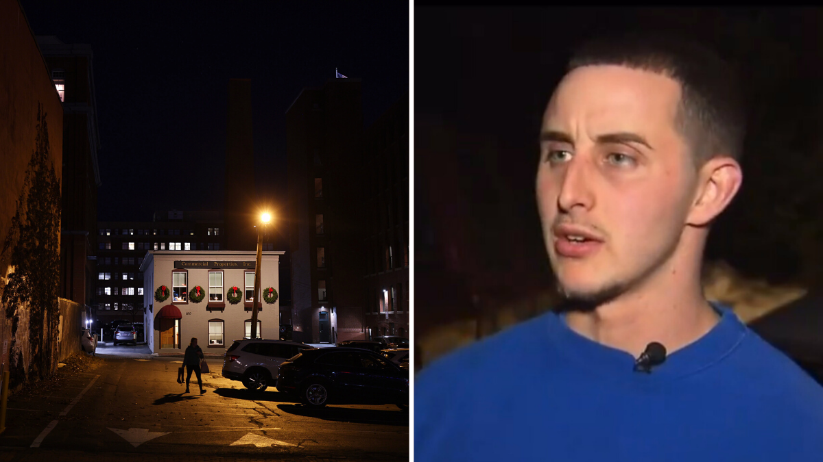 the picture contains two images, separated by a white line; the first image is a dark parking lot and the second image is of a man wearing a blue shirt