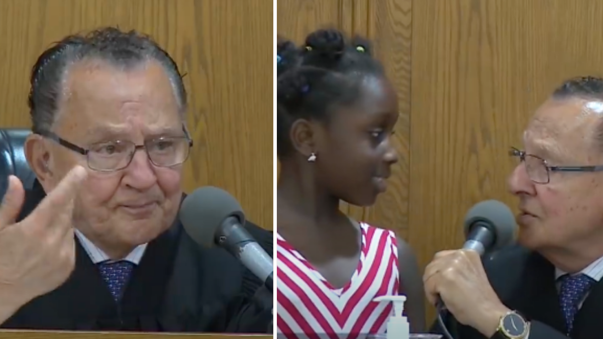the picture contains 2 images, separated by a white line; the picture on the left is of an elderly judge and the picture on the right is of a little girl and the judge talking
