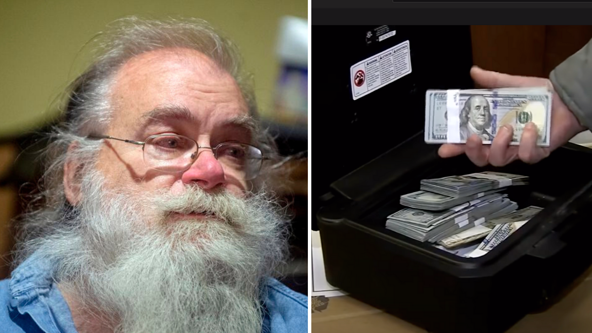 the picture contains 2 images separated by a white line, the image on the left is a close up of a man with glasses and white beard and the right is of a bag with money