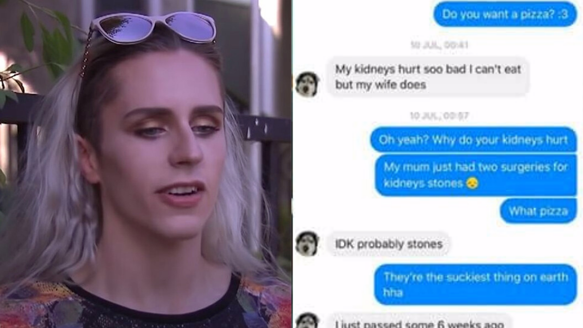 the picture contains 2 images, separated by a white line; the picture on the left is of a man with long, blond hair with glasses on his head; and the picture on the right is a screenshot of a conversation between two men
