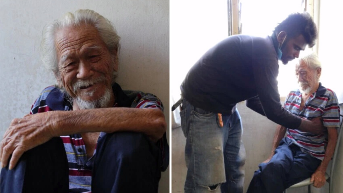 the image contains 2 pictures separated by a white line; the image on the left is of an elderly Chinese man and the image on the right is of a man in a black t-shirt helping the elderly man on a chair