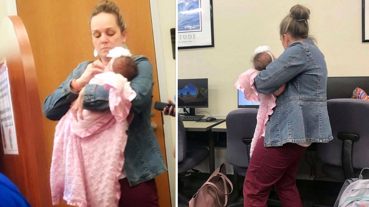 the image contains 2 pictures separated by a white line, both images show a woman in a denim jacket holding a baby in a pink blanket