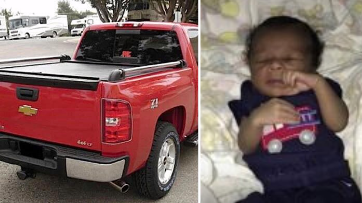 the picture contains 2 images, separated by a white line; the image on the left is of a red pickup truck and the picture on the right is of a newborn on a white sheet