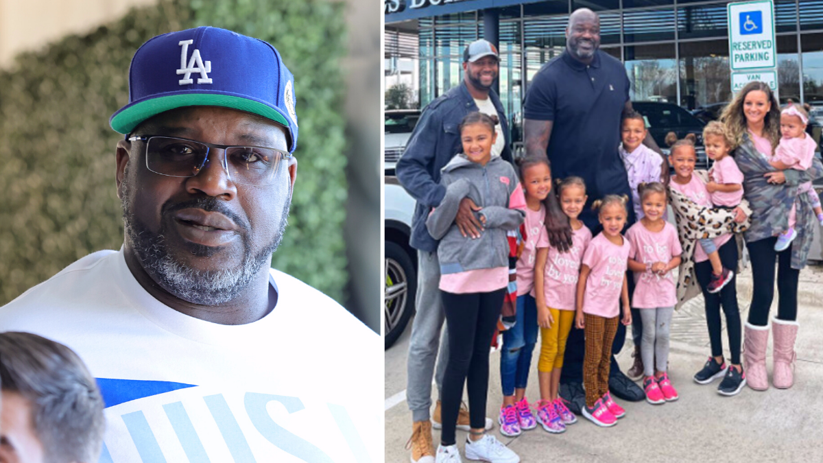 the image is split into 2 pictures, separated by a white line; the picture on the left is a man wearing a white t-shirt and blue cap with "LA" on it; the second picture contains a group of people, with 2 men, 1 woman, and 9 children all wearing pink