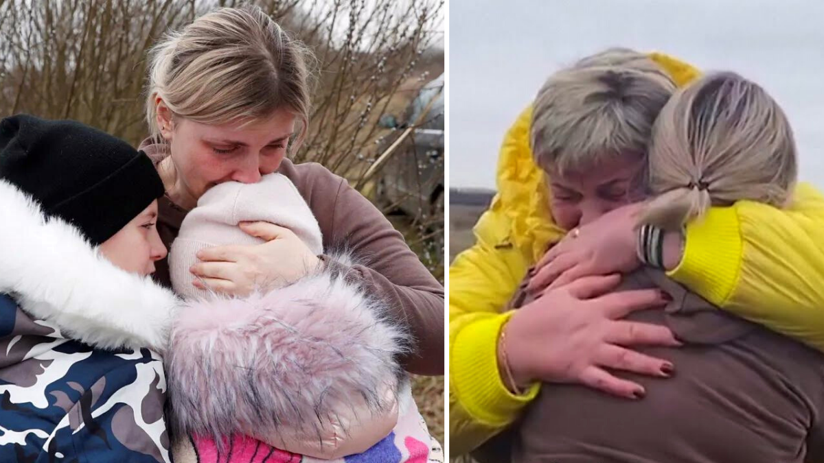 the image contains two pictures separated by a white line; the picture on the left has a woman hugging 2 children in thick, winter coats and caps and the picture on the right is of 2 women hugging, one of whom is wearing a yellow winter jacket