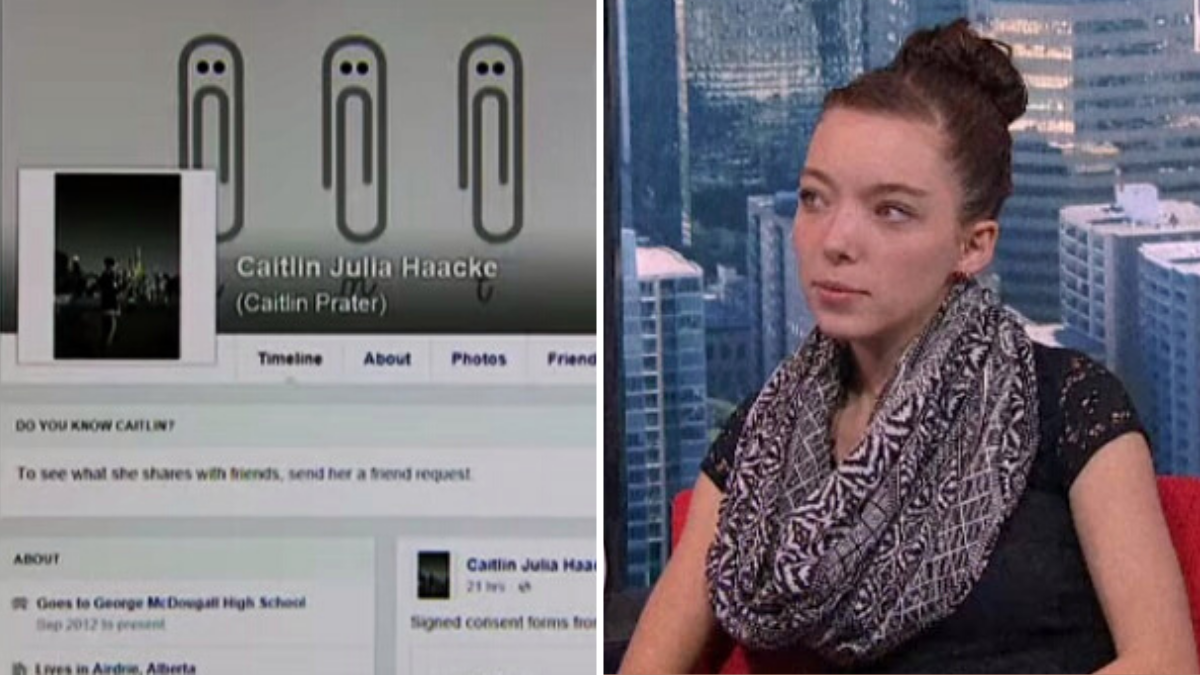 the picture has 2 images, separated by a white line; the image on the left shows a girls Facebook page and the image on the right shows a girl sitting with a bun on her head and a scarf around her neck