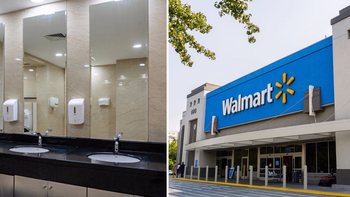 the image contains 2 pictures, separated by a white line; the image on the left is of a public bathroom and the image on the right shows the outside of Walmart