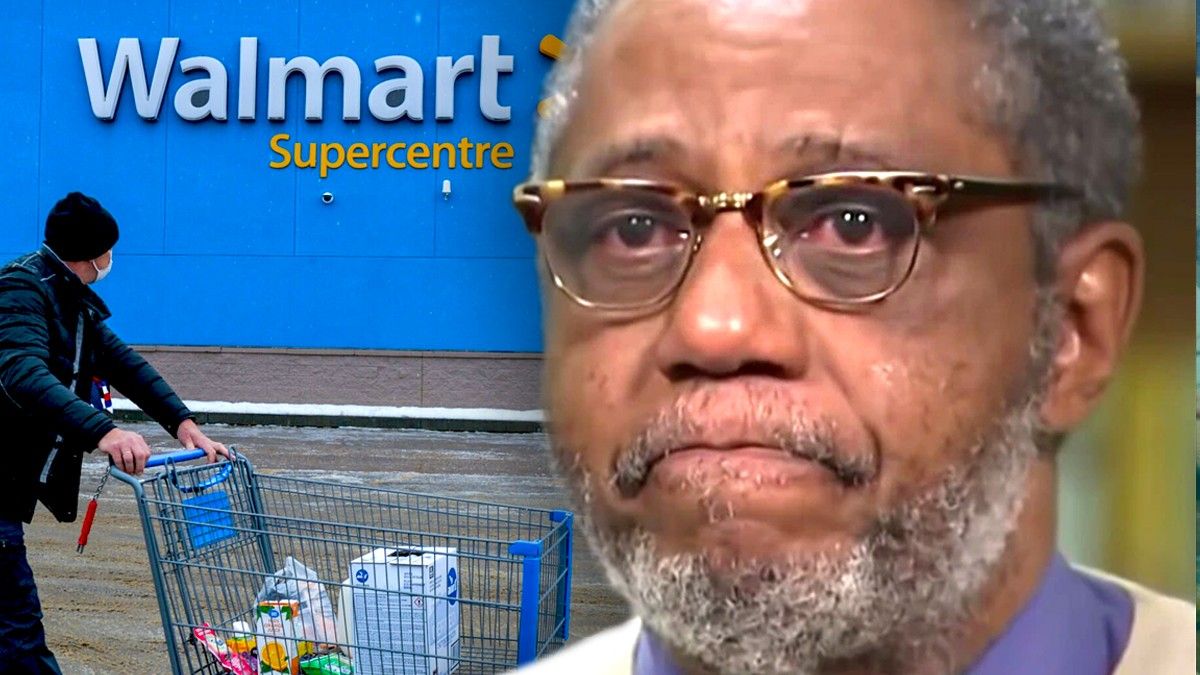 Crying man in front of Walmart sign