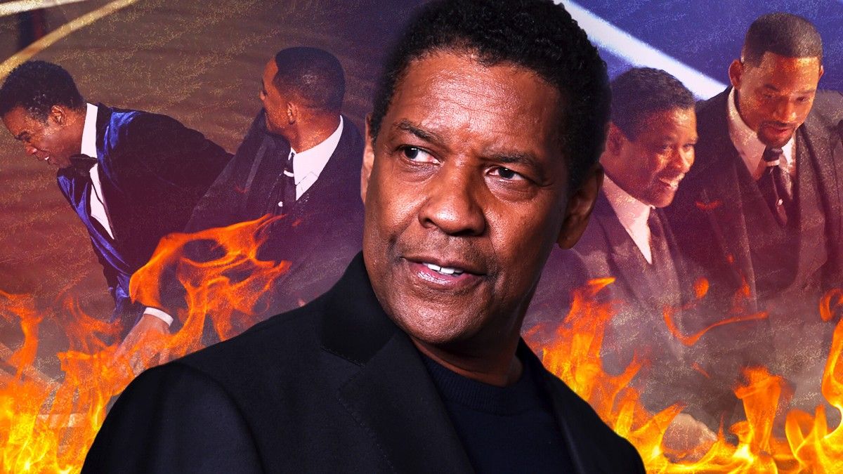 Denzel Washington in front of fire watching the oscar slap incident between Will Smith and Chris Rock