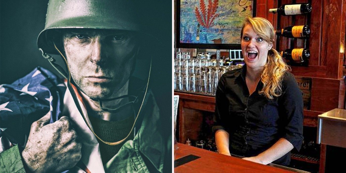 Excited waitress looks at dirty american soldier