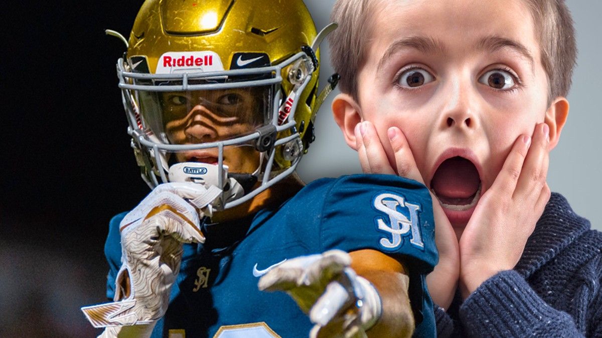 High school football player and frightened screaming child