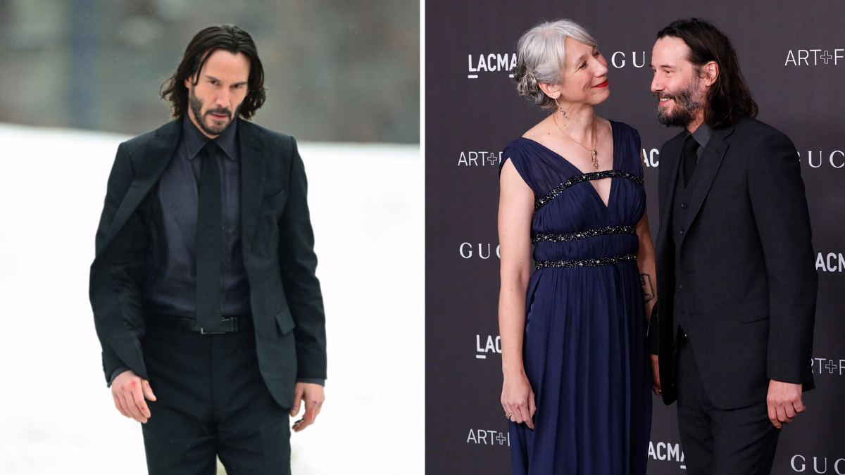 Keanu Reeves in a black suit and Keanu Reeves and Alexandra grant on the red carpet