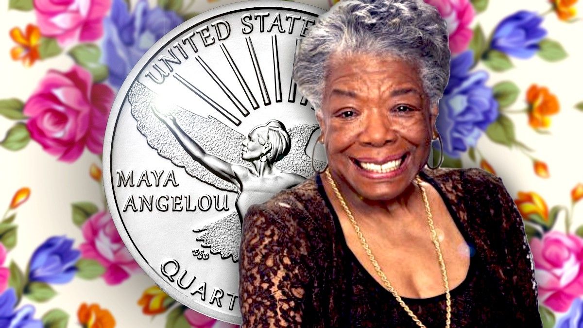 Maya Angelou smiles in front of US quarter with her picture