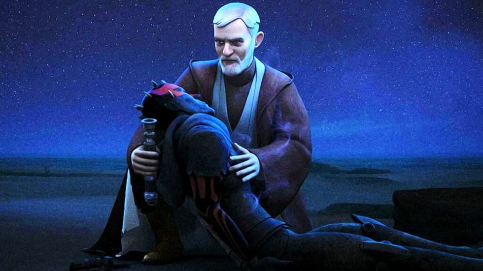Obi-Wan Kenobi îl ține în brațe pe Darth Maul după ce l-a ucis în Star Wars Rebels