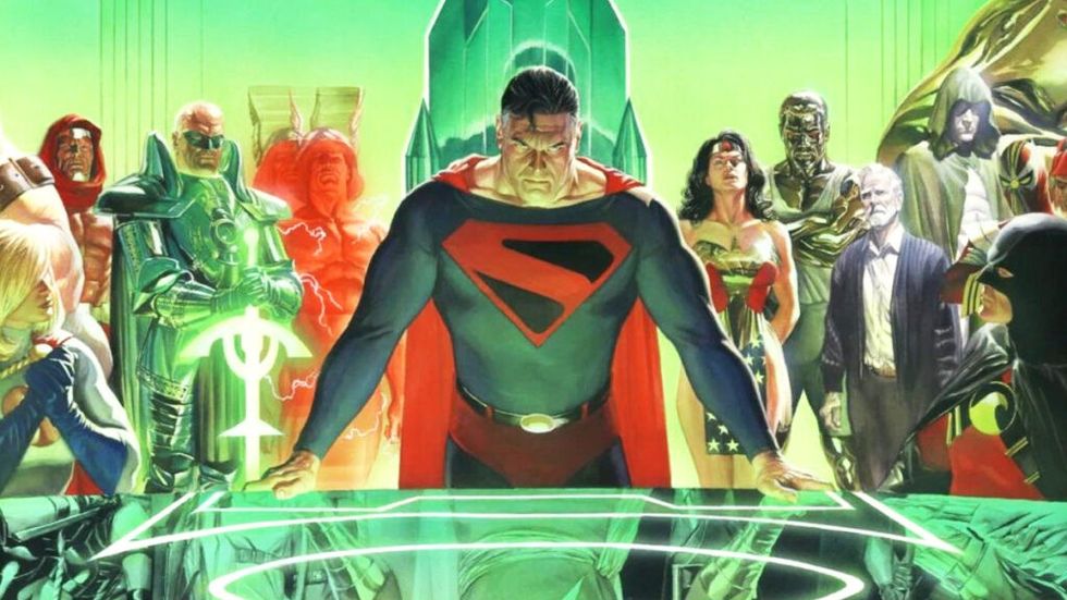 Superman in Kingdom Come surrounded by Justice League by Alex Ross