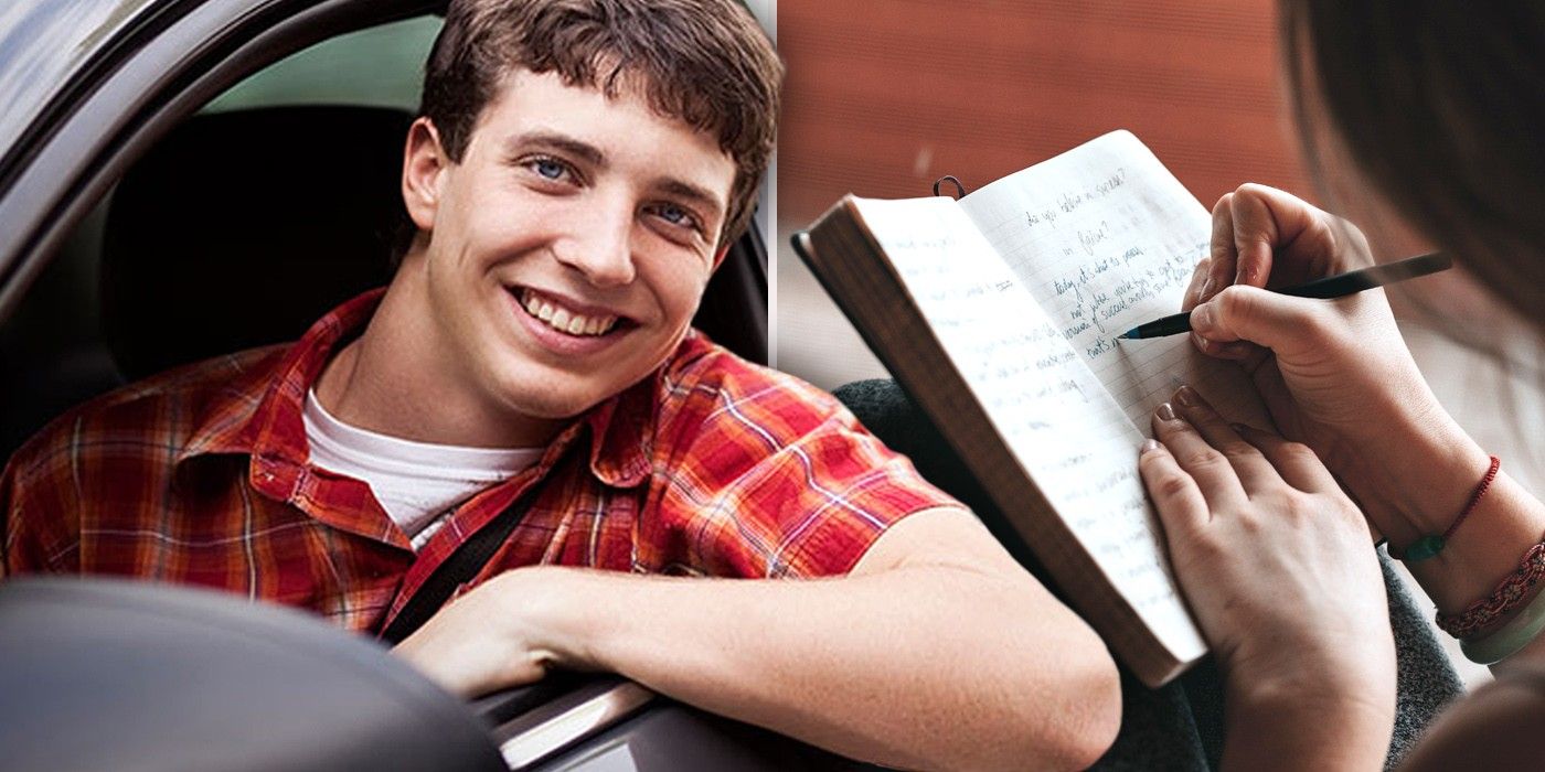 Teen in car next to a woman writing a note