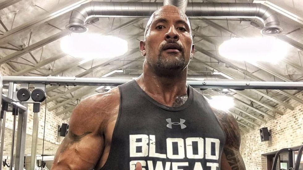 The Rock in a Blood and Sweat shirt at the gym
