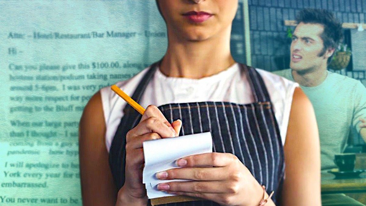 Waitress taking notes while being yelled at by angry customer