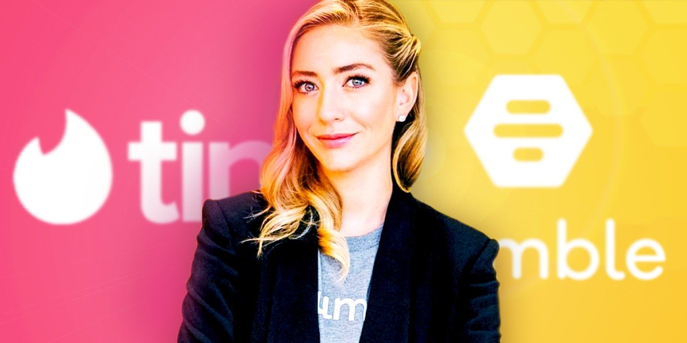 Whitney Wolfe Herd standing in front of Tinder and Bumble logos